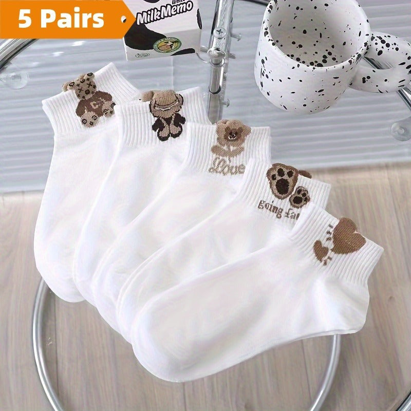 Women's Short Socks 5 Pairs Cartoon Teddy Bear Coffee Breathable Polyester