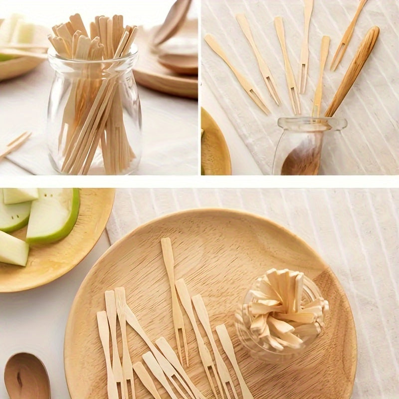 Set of 100 Bamboo Heart-Shaped Fruit Forks Disposable Wooden Picks for Parties