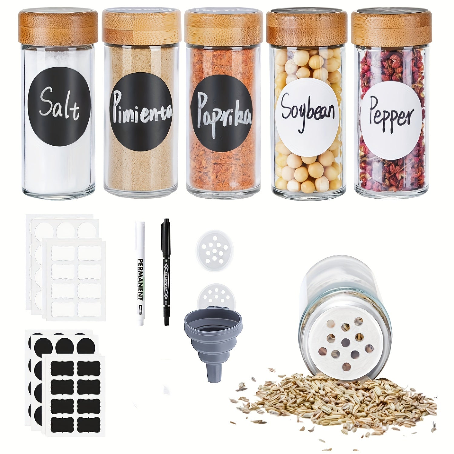 Set of 6 12 24 or 30 100ml Glass Spice Jars with Bamboo and Shaker Lids