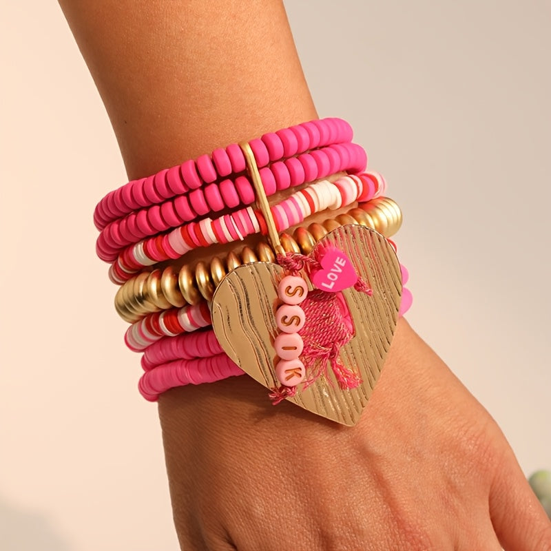 Pink Resin Beaded Heart Pendant Bracelet Bohemian Style for Women