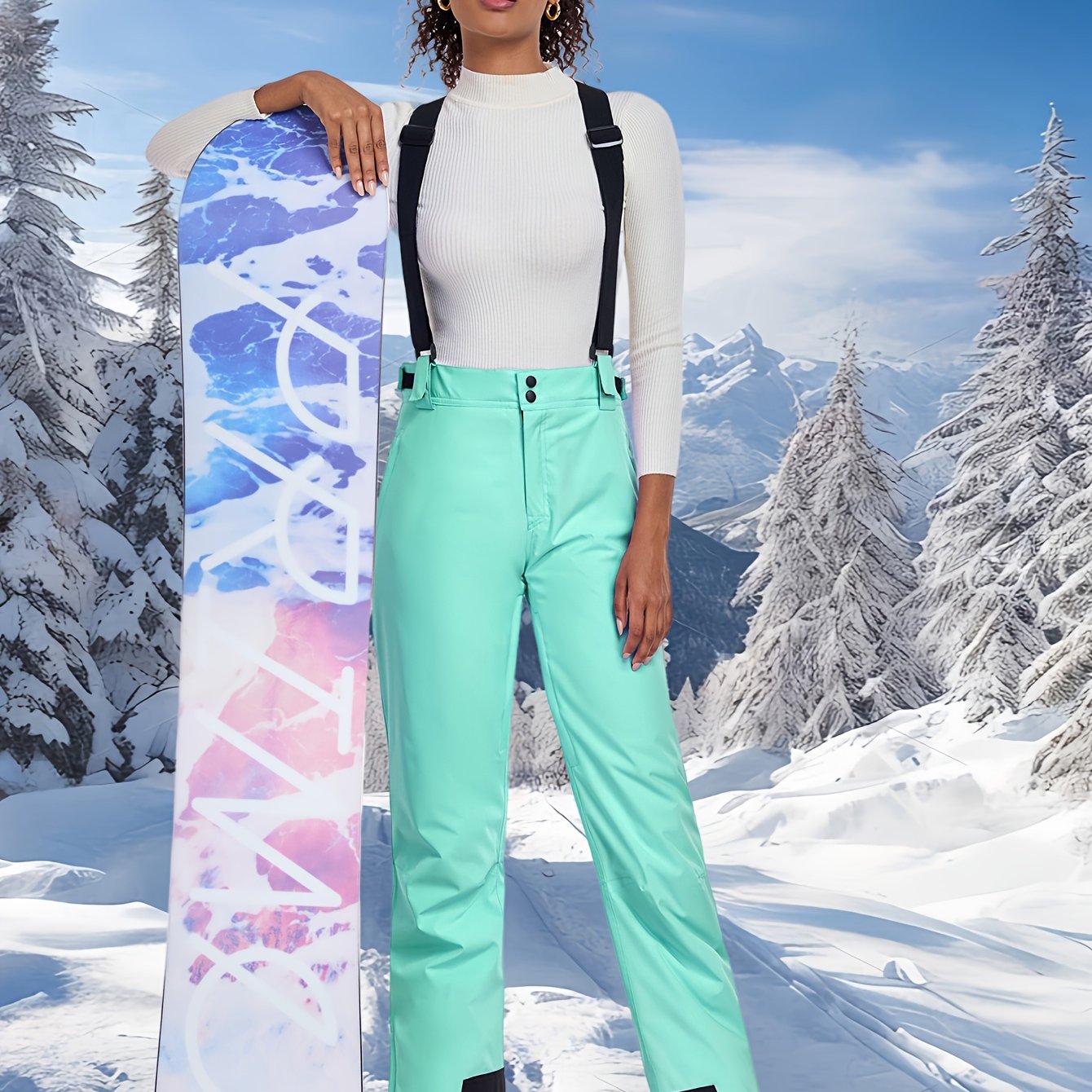 Women's Light Blue Waterproof Thermal Snow Pants for Ski and Winter Outdoor Activities
