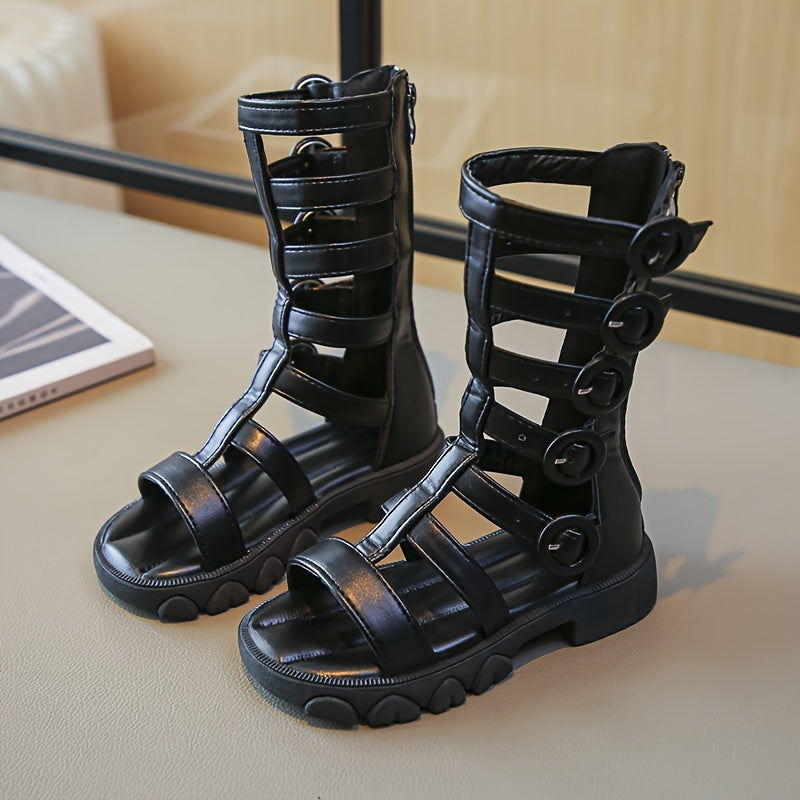 Девочки высокие сандалии на лето дышащие нескользящие с застежкой-молнией и вырезами