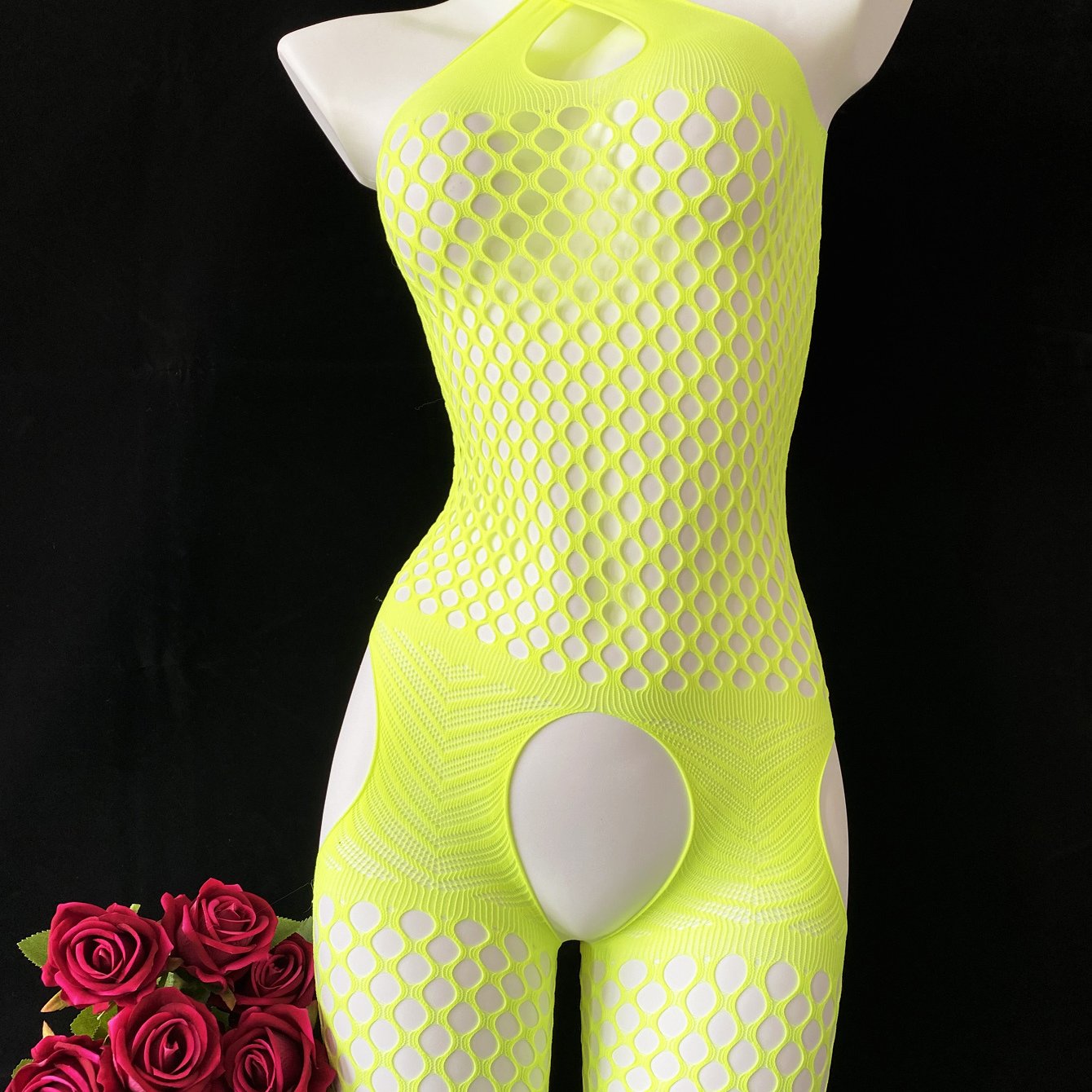 Women's Fishnet Halter Neck Bodysuit with Open Crotch and See-Through Knit Fabric