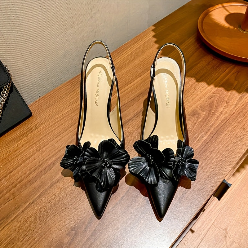 Women's Pointed Toe High Heel Shoes with 3D Flower Embellishments Black White for Weddings Parties