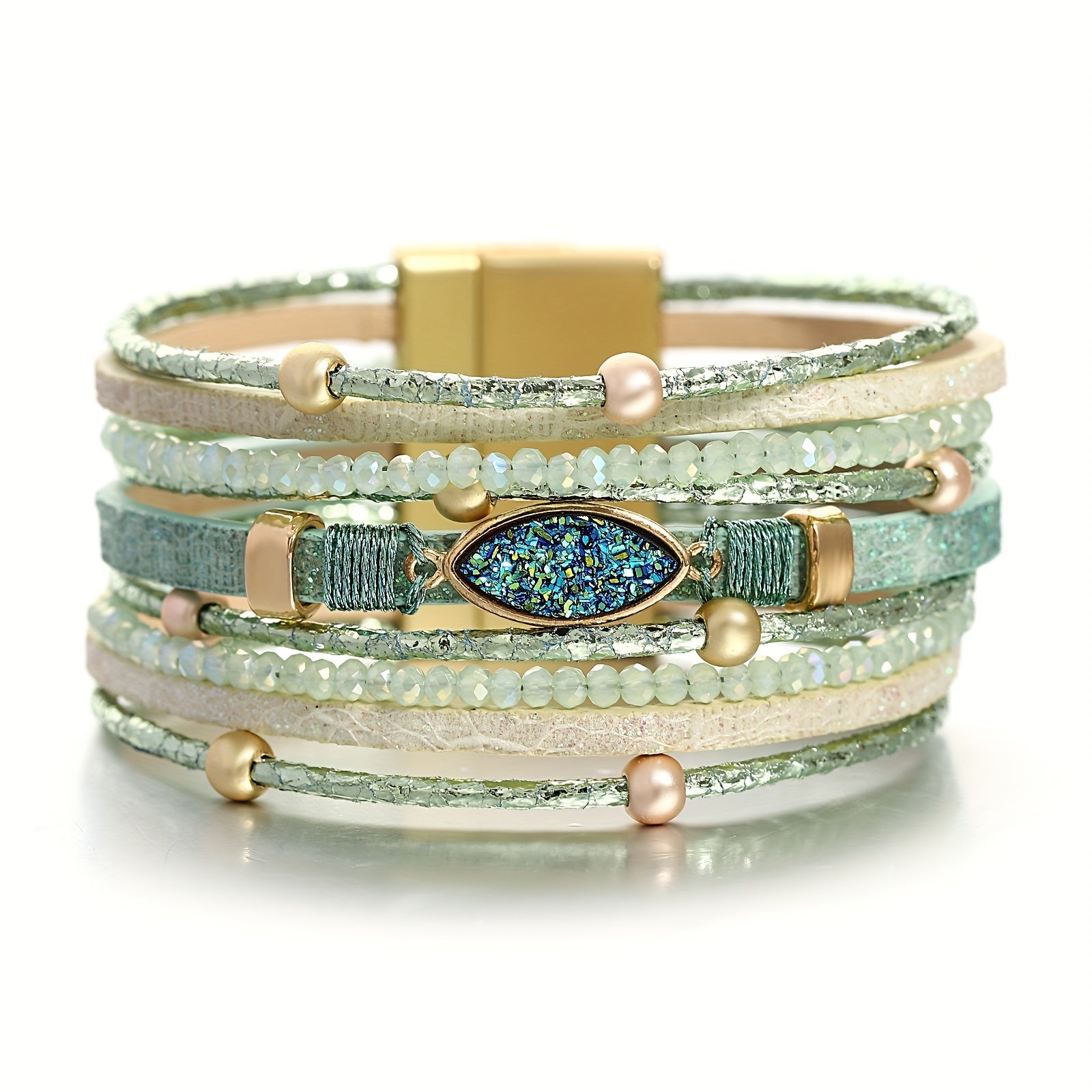 Pulsera envolvente de estilo boho vintage de varias capas, de cuero artificial, resina, piedras, cuentas de cristal falso y joyería