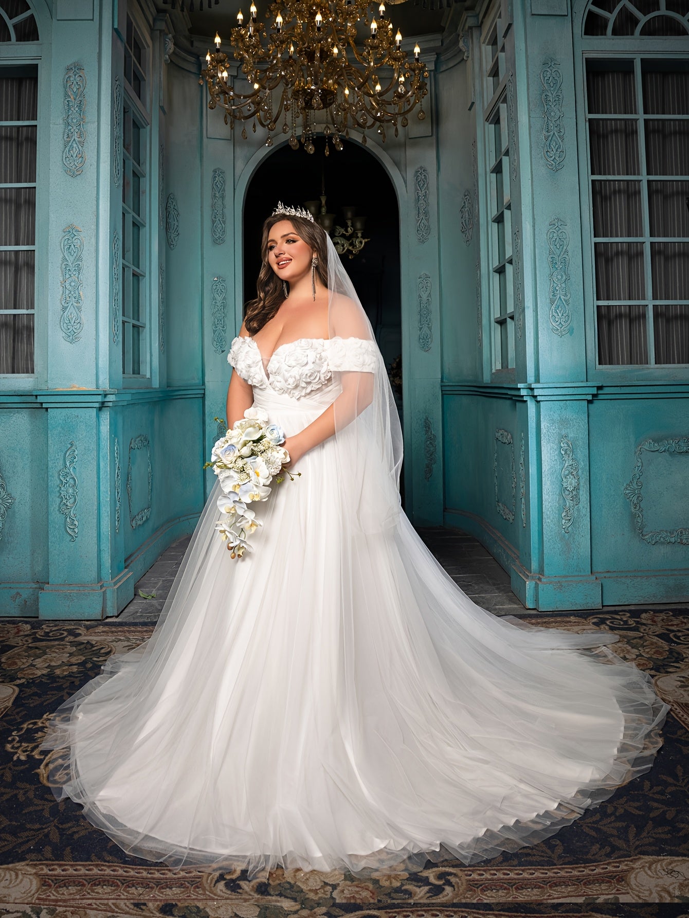 Plus Size Off Shoulder Wedding Dress A-Line Bridal Gown Ruffled Sleeves