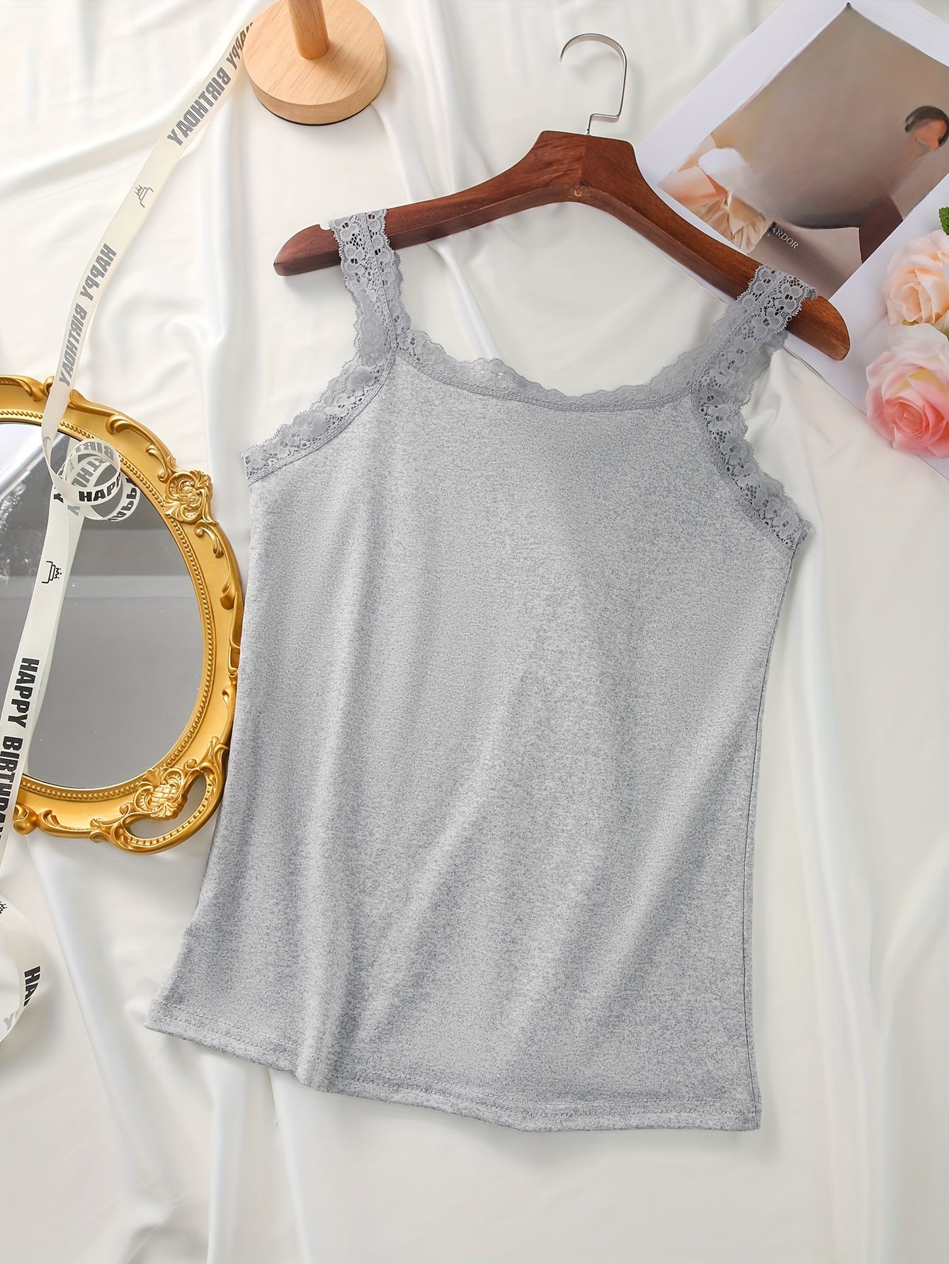 Women's Plus Size Lace Camisoles Set Slim Fit Stretchy Vests Solid Color Layering Tops