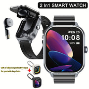 2-in-1 Smart Watch with TWS Earbuds Wireless Charging Large TFT Screen Square Alloy Case Interchangeable Straps Weather Call Date Features