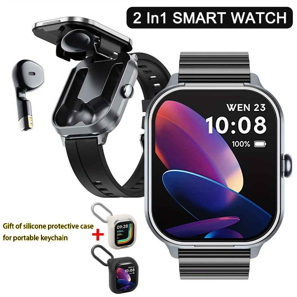 2-in-1 Smart Watch with TWS Earbuds Wireless Charging Large TFT Screen Square Alloy Case Interchangeable Straps Weather Call Date Features