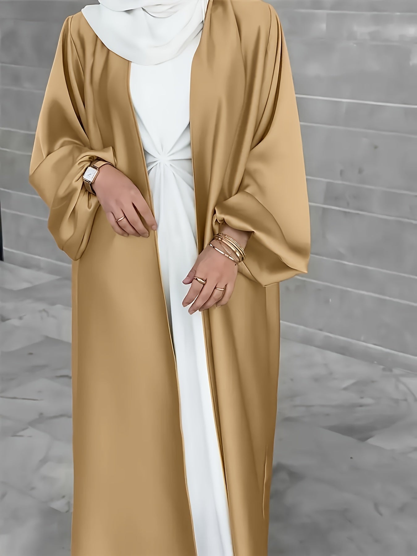 Long Elegant Dress with Puffed Sleeves Slit Hem Belt Solid Polyester for All Seasons