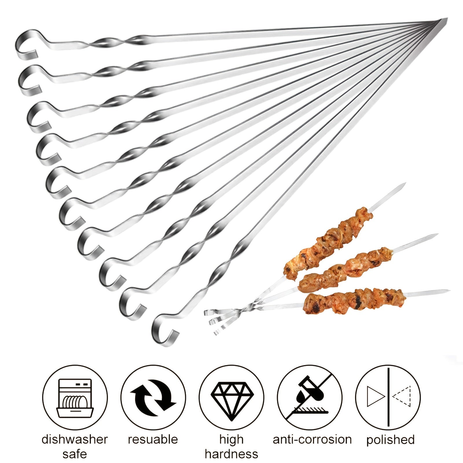 10x Stainless Steel BBQ Skewers for Grilling and Camping