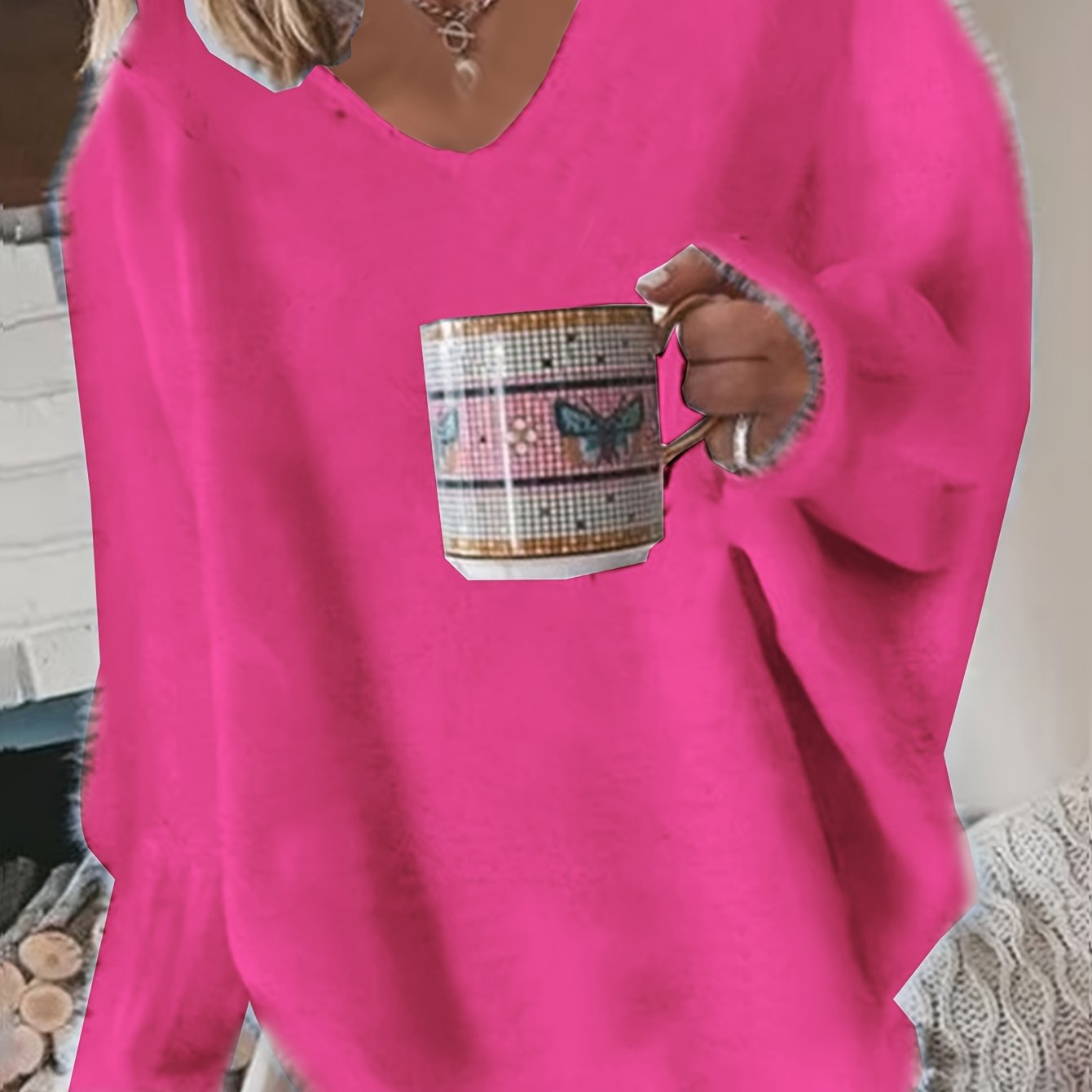 Women's Plus Size V-Neck Pullover Sweater Cozy Knit Fall Winter Solid Color