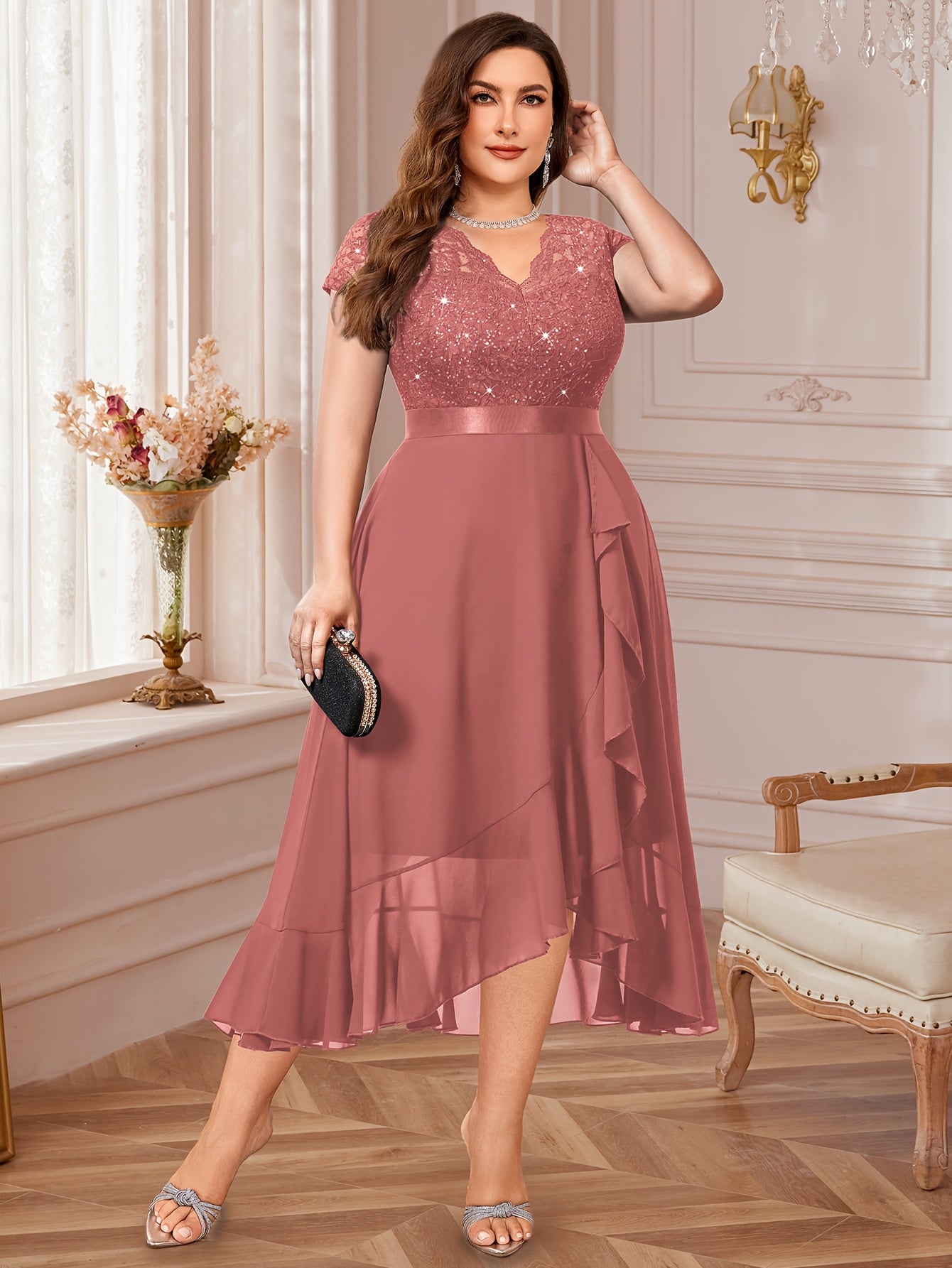 Plus Size Women's V-Neck Midi Dress with Lace and Ruffled Hem for Parties
