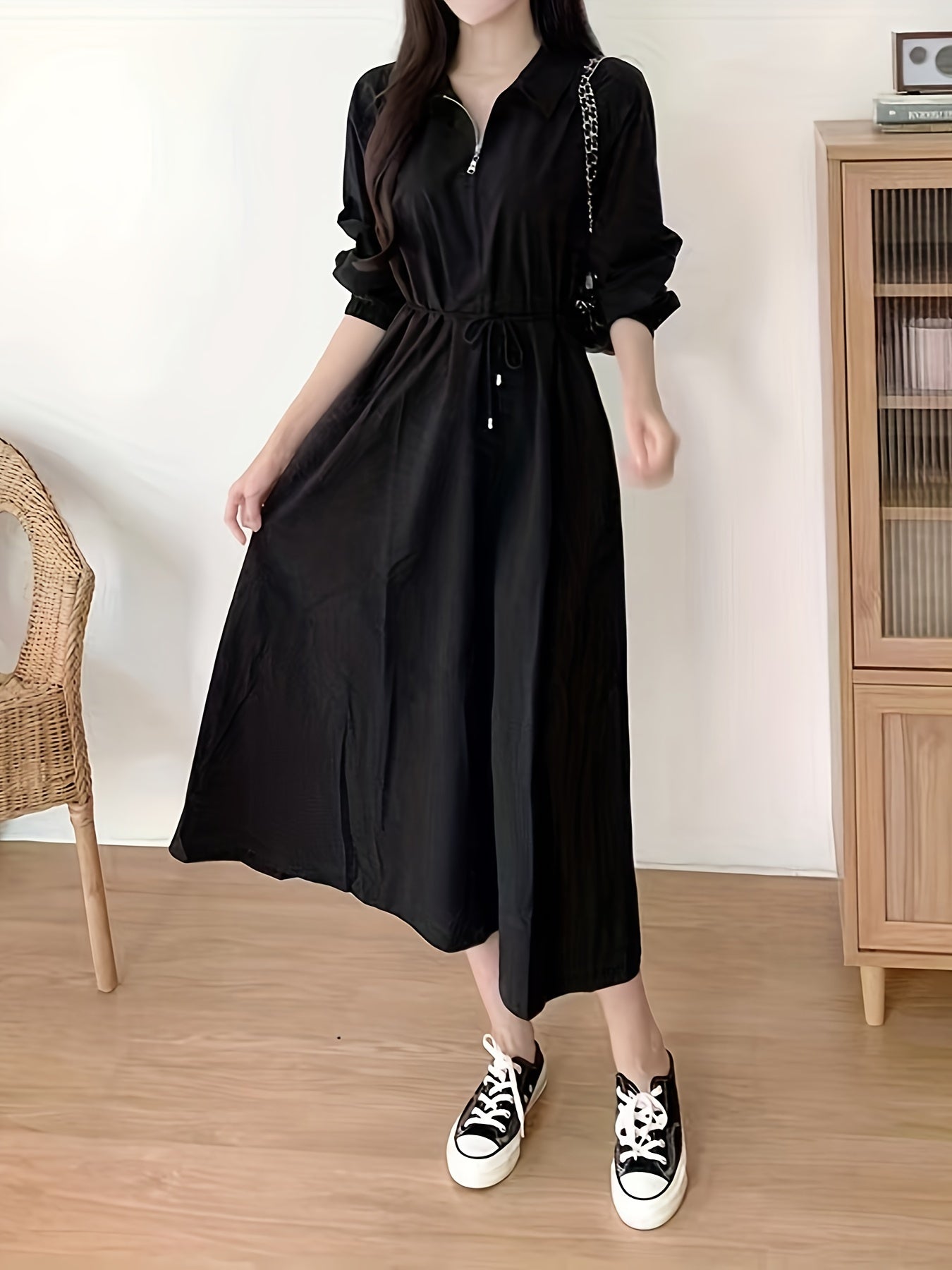 Beige Long Sleeve Midi Dress with Tie Waist Pockets for Women