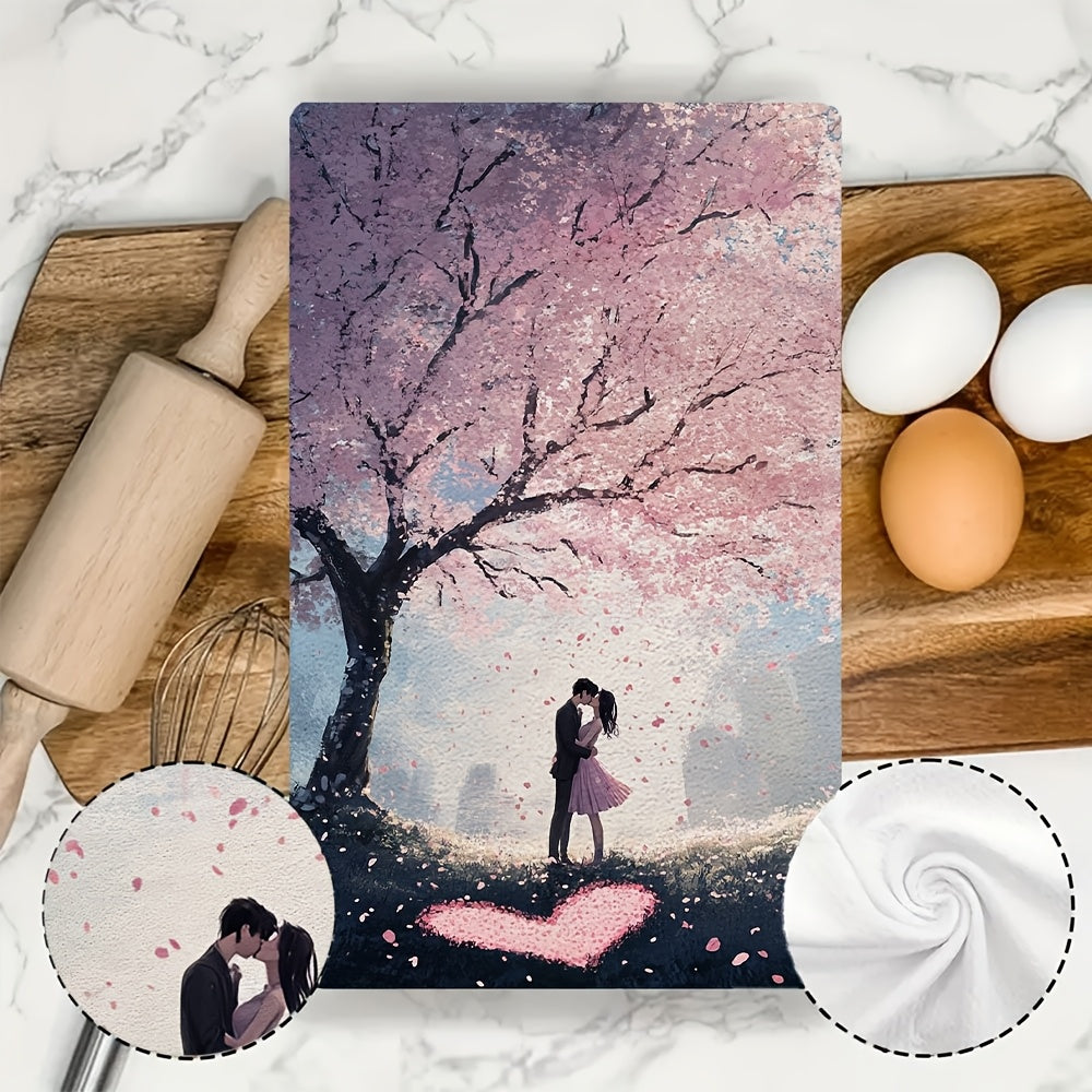 Kitchen Towels Set of 2 Ultra Soft Romantic Cherry Blossom Scene 16x24