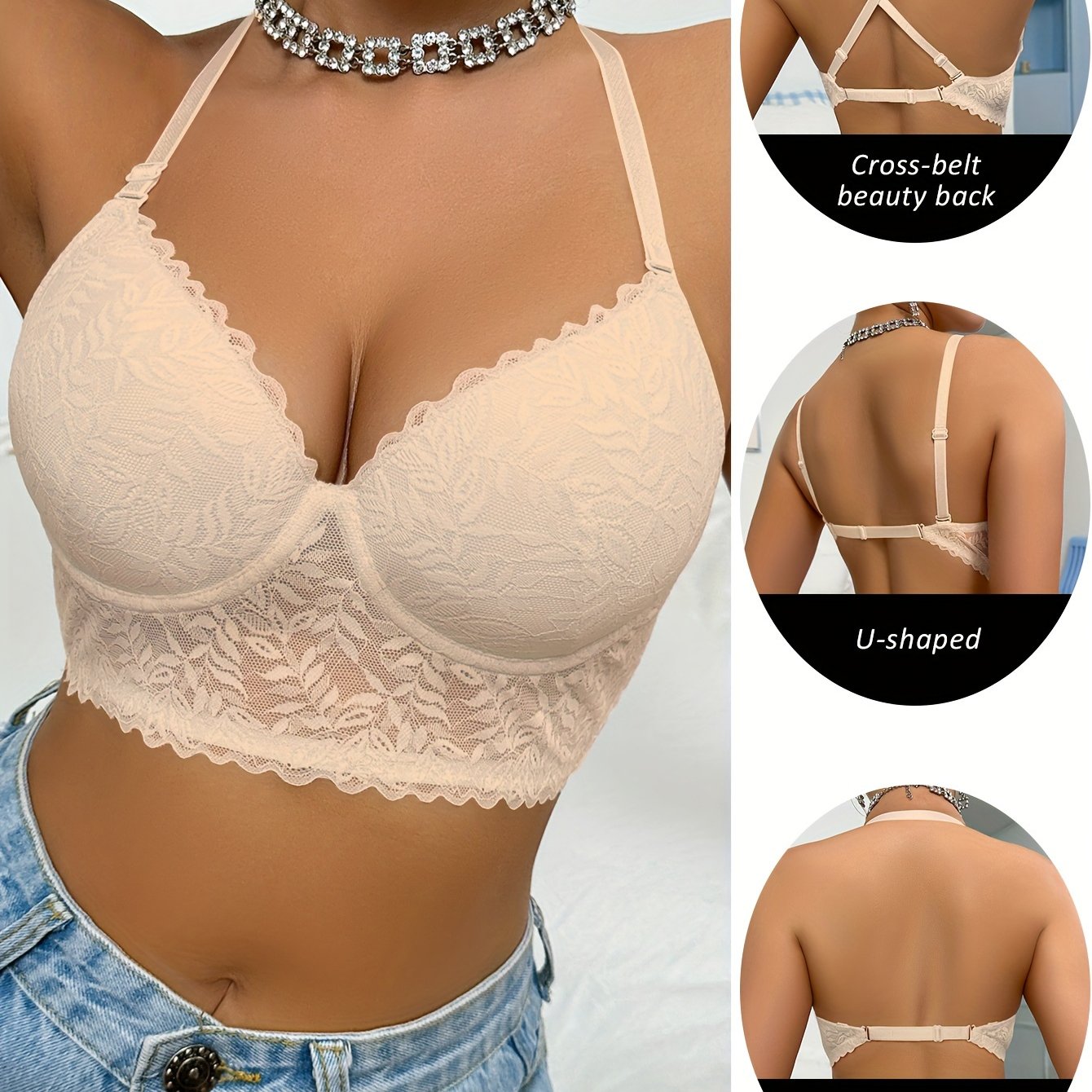 Seamless Lace Push-Up Bra with Scallop Trim Underwire Support for Women