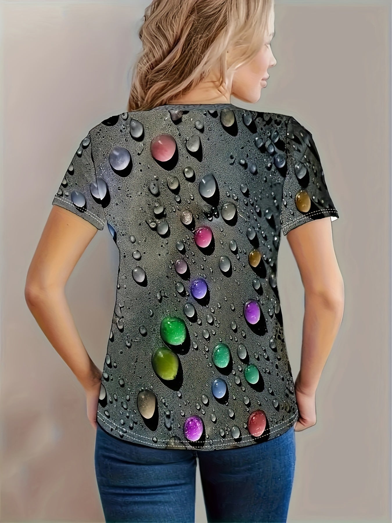 Women's Water Drop Print Casual T-Shirt Round Neck Short Sleeve Stretch Polyester Summer Top