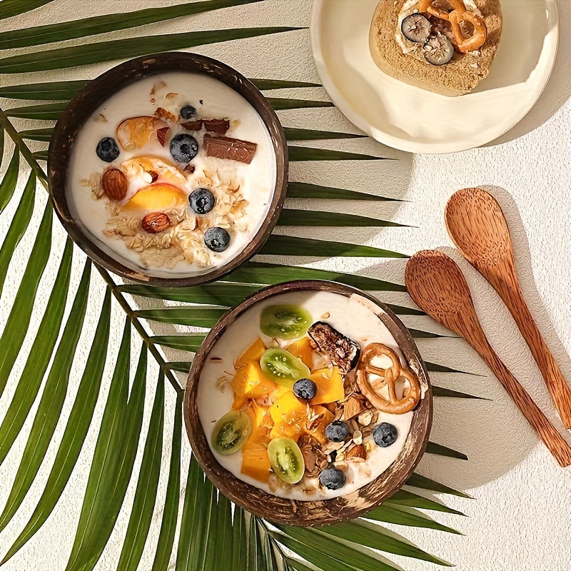 Set of 2 Coconut Shell Salad Bowls with Wooden Spoons for Fruits and Grains