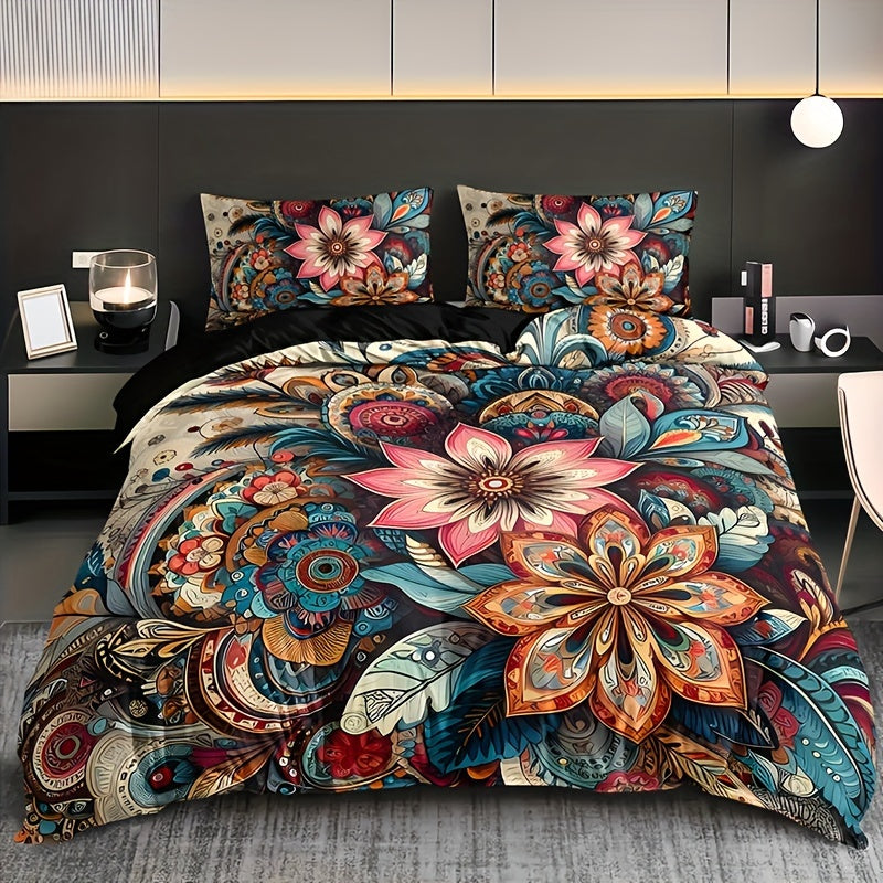 Conjunto de ropa de cama bohemia con mandala floral, 3 piezas, funda nórdica y fundas de almohada