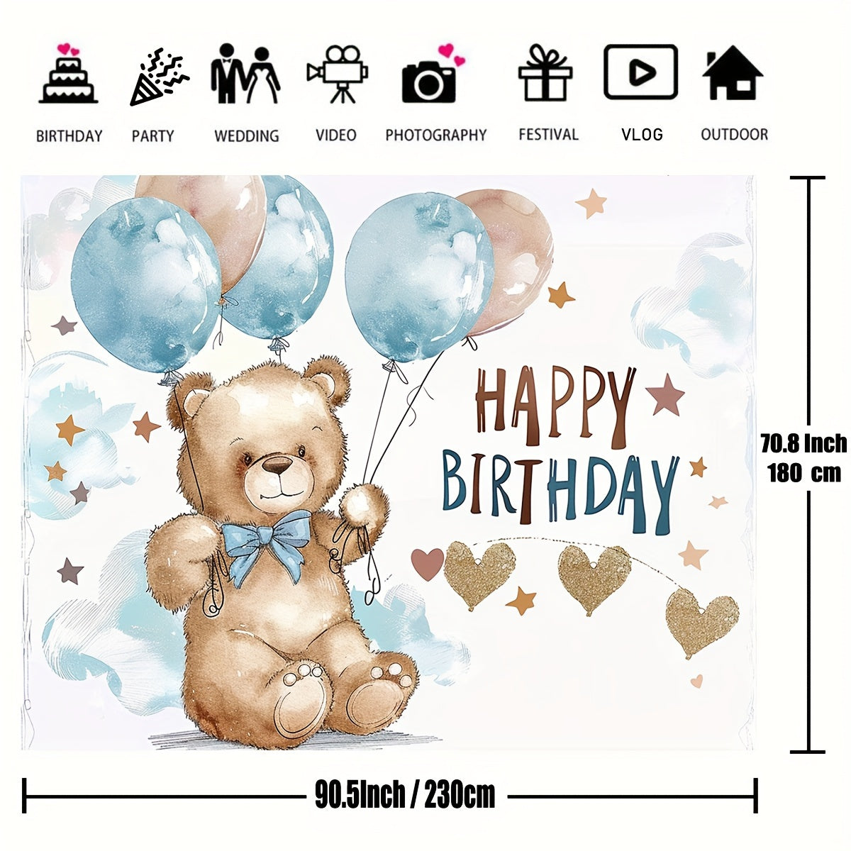 Yoshlar partiyasi fonida ko'k sharchalar, bulutlar, yulduzlar va yoqimli ayiqcha - tug'ilgan kunlar uchun mukammal.