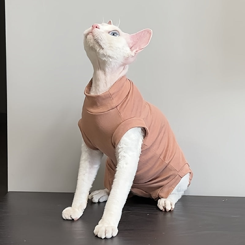 Sphinx mushuklari uchun barcha mavsumlarga mo'ljallangan kiyim, cho'ziluvchan sochsiz matodan tayyorlangan, qorin va oyoqlarni yopish uchun bir xil rangli qoplama. 90% Spandex va 10% Polyesterdan tayyorlangan, kichikdan o'rta kattalikka mos keladi.