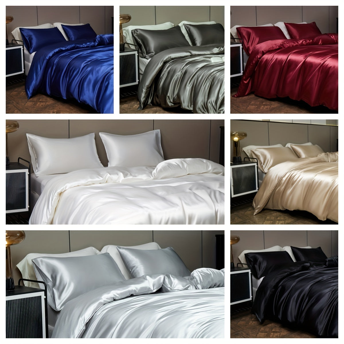 Luxury Satin Duvet Cover Set with Pillowcases Solid Color Bedding for Bedroom or Guest Room