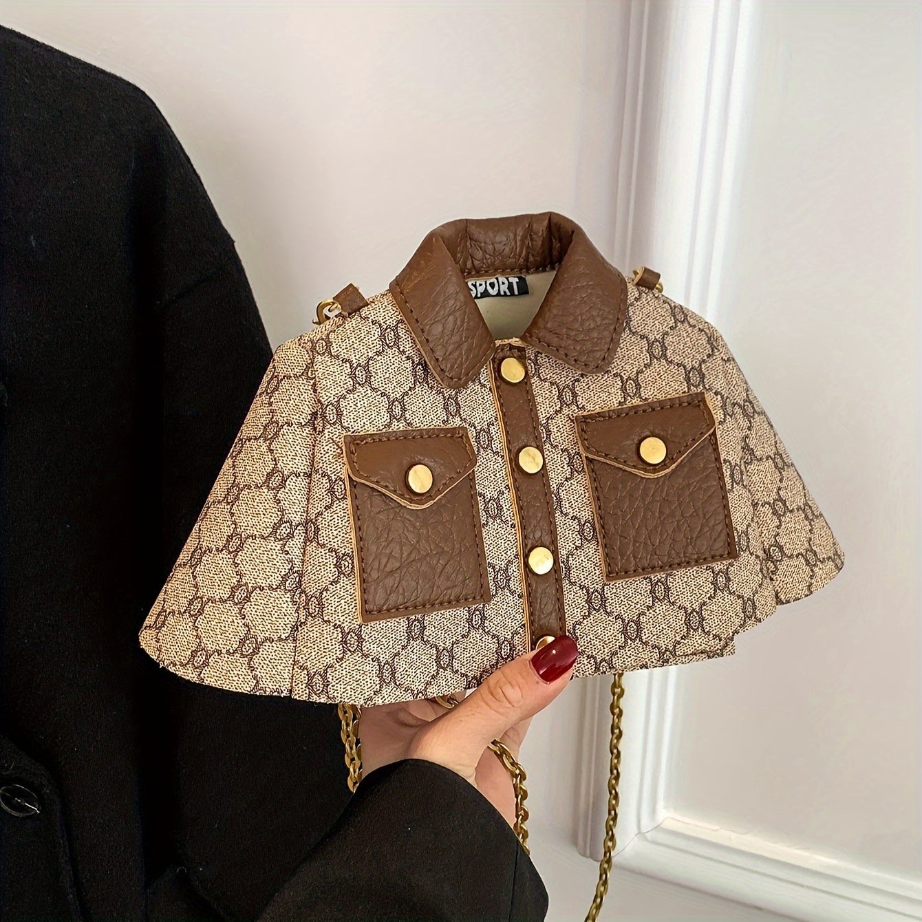 Women's Faux Leather Crossbody Bag with Metal Chain Strap and Mobile Phone Pouch