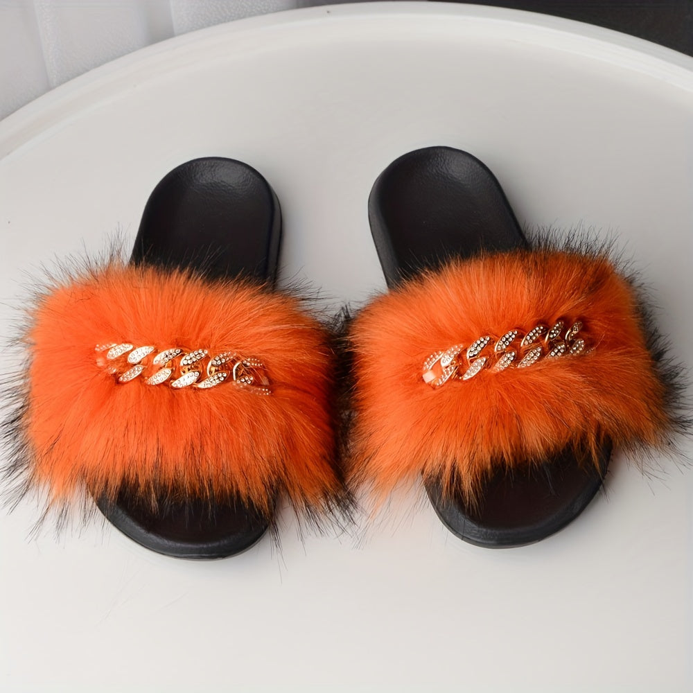 Women's Rhinestone Chain Flat Sandals Faux Fur Summer Casual Slides