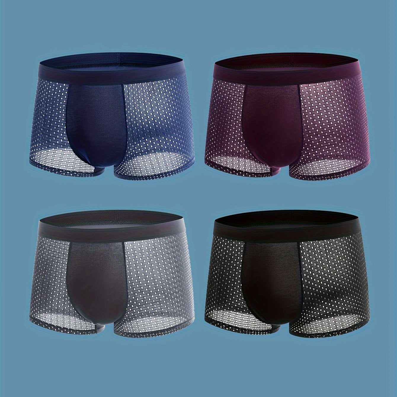 Set de 4 bóxers de malla transpirable para hombre, de color sólido semi-translúcido, con alto contenido de elastano en poliéster