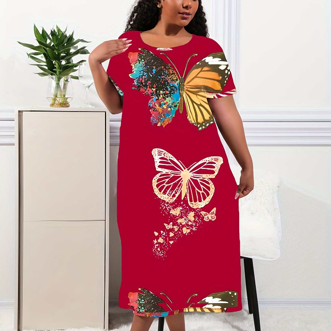 Women's Plus Size Lounge Dress Butterfly Print Short Sleeve Nightdress