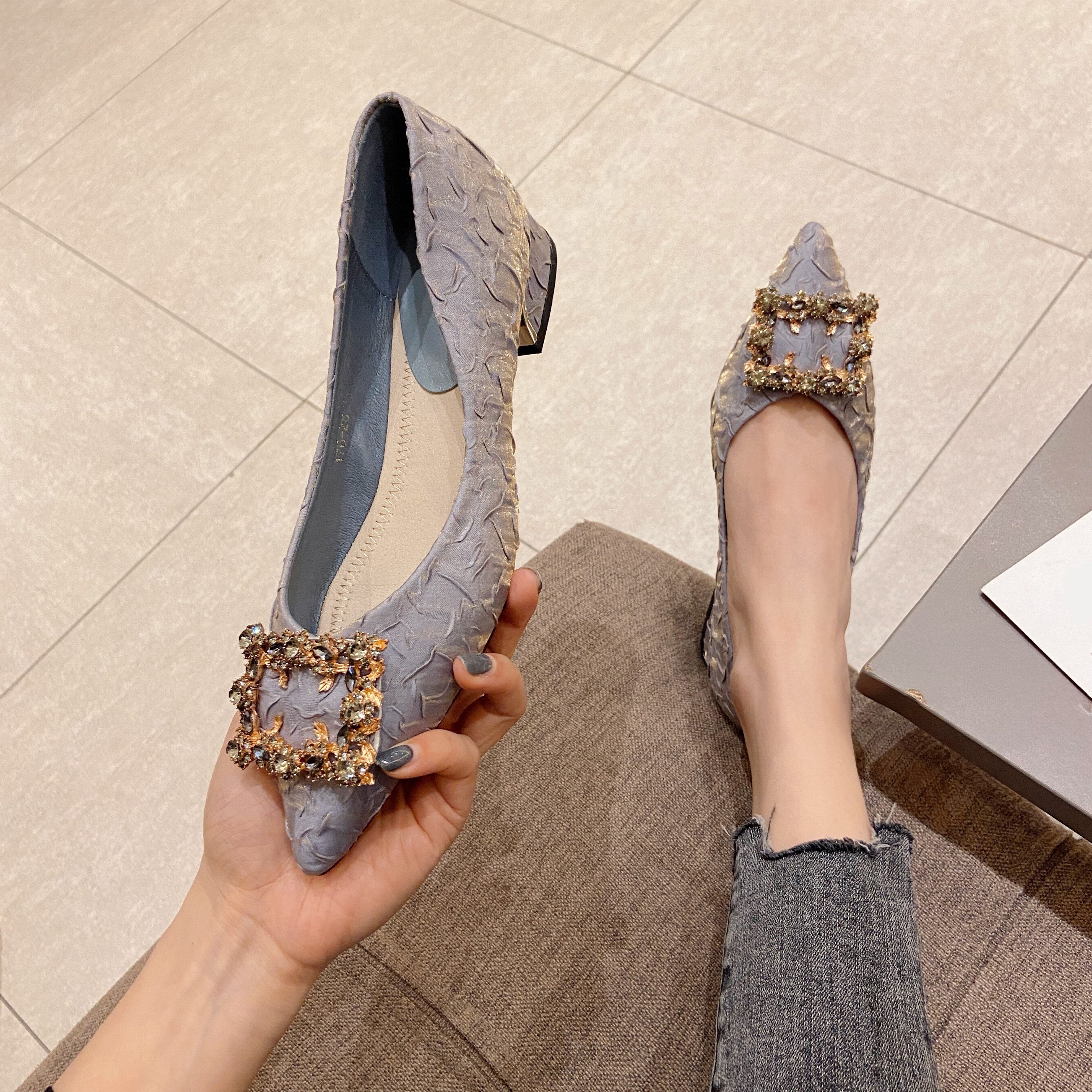 Women's Low Chunky Heel Pointed Toe Shoes with Square Rhinestone Decor