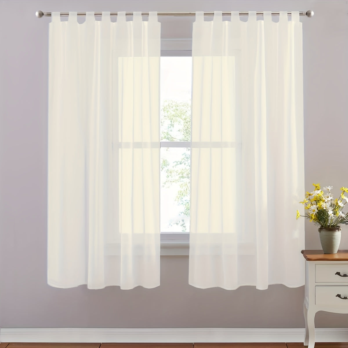 Set of 2 White Sheer Curtains with Tab Tops for Bedroom Living Room Dining Room