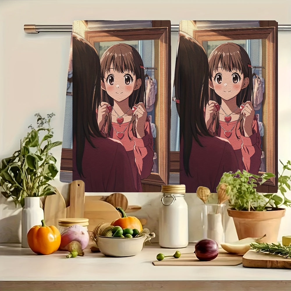 Набор из 2 кухонных полотенец с аниме-девушкой, сердечным ожерельем, ультра мягкие, впитывающие, 16x24 дюймов