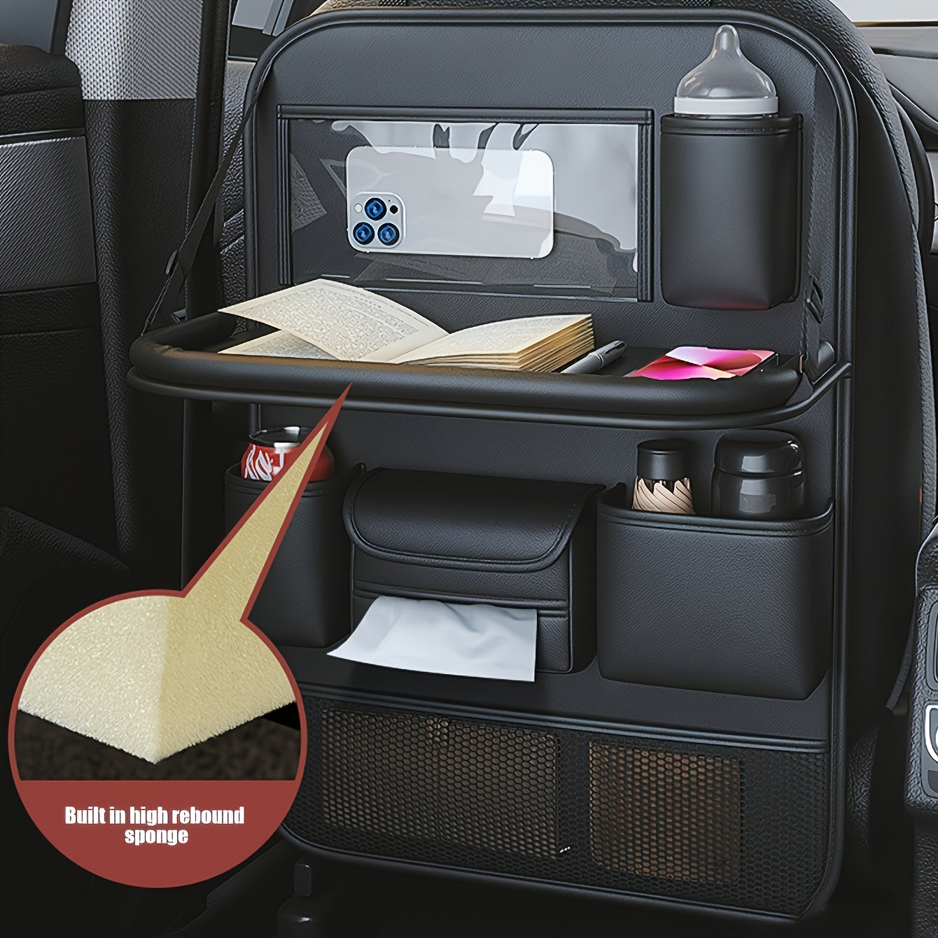Organizador de respaldo para asiento de coche de cuero PU con múltiples bolsillos, almacenamiento en maletero, negro