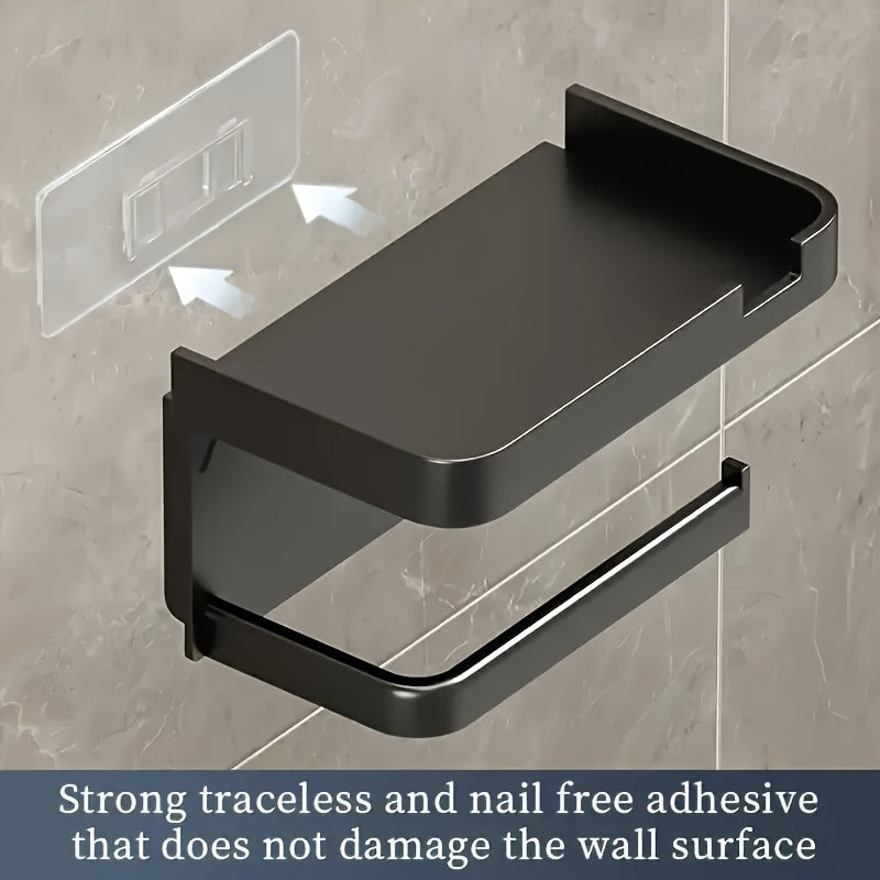 Dark Gray Toilet Paper Holder with Phone Shelf No Punching Kitchen Storage