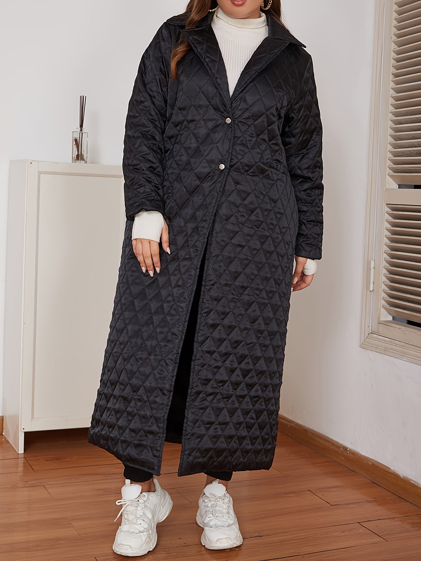 Plus Size Long Coat for Fall Winter Polyester V-Neck Solid Color Casual