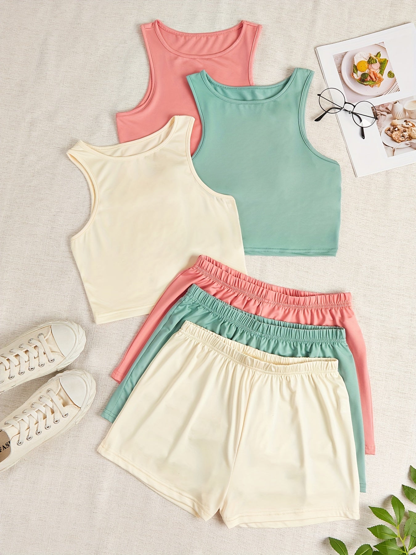 Plus Size Women's Pajama Set Solid Crop Tank Top Elastic Shorts Loungewear