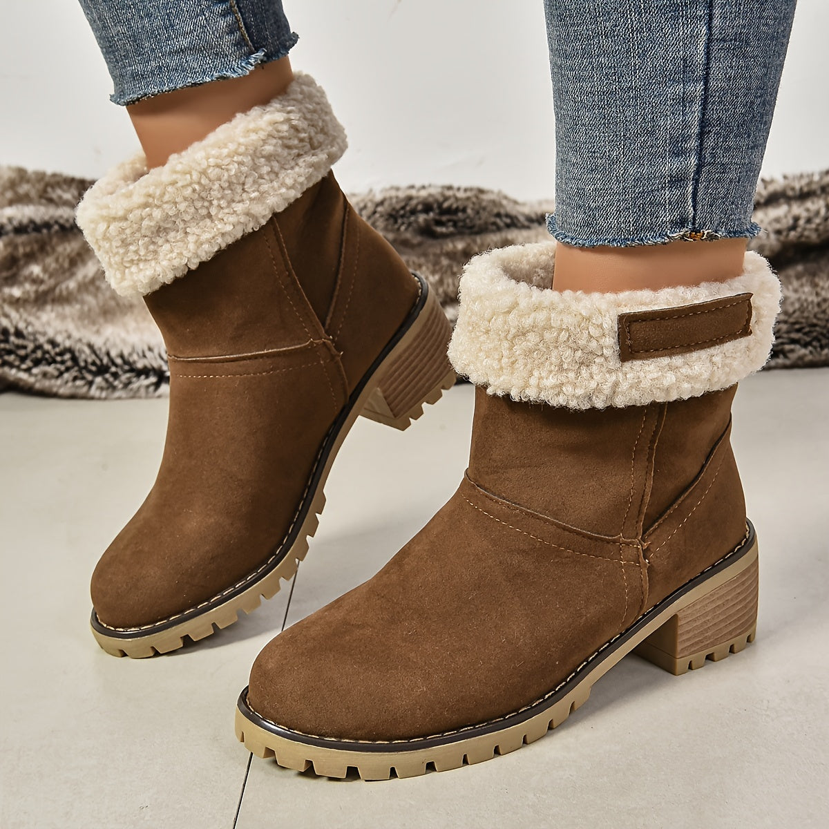 Women's Plush-Lined Chunky Heel Ankle Boots Solid Color Slip-On Winter Booties