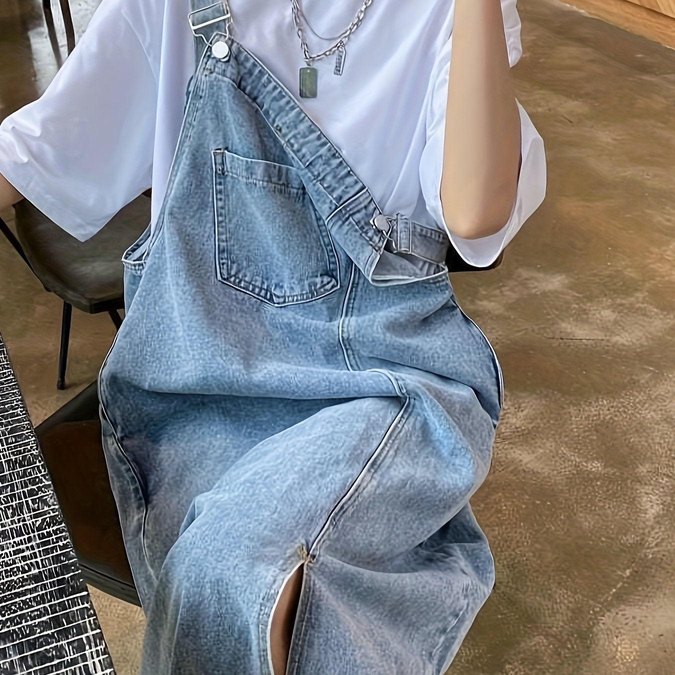 Ko'k sozlanadigan tasma denim overall ko'ylak, ayollar uchun tasodifiy retro uslubi.