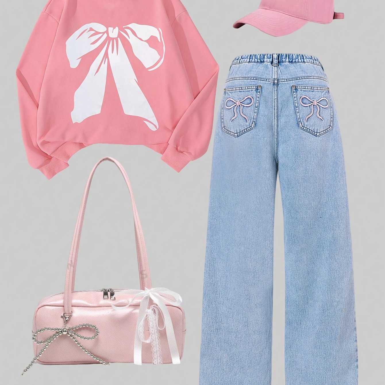 Girls Kids Hoodie and Jeans Set with Butterfly Pattern and Embroidered Bow