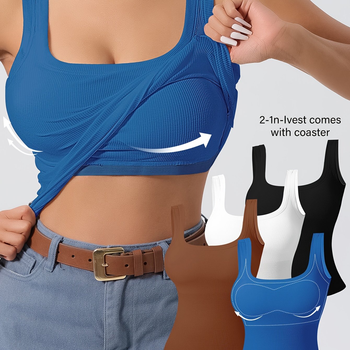 Tops de tirantes con espalda en U para mujer con almohadillas removibles, ajuste delgado, color sólido, mezcla de rayón transpirable