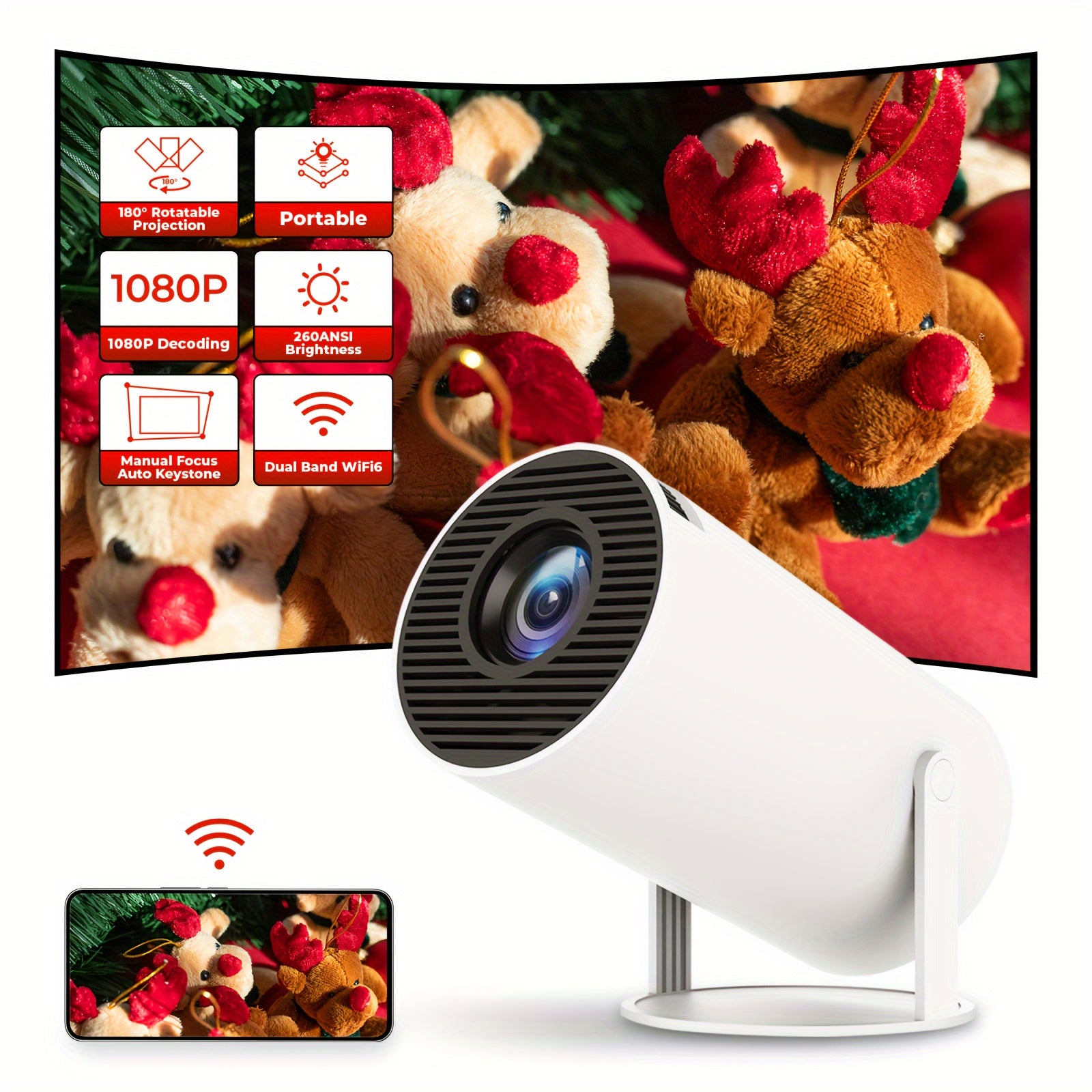 Мини портативный проектор 4K 1080P с Android 11, Wi-Fi 6, автоматической коррекцией трапецеидальных искажений, регулируемым отображением на 180°