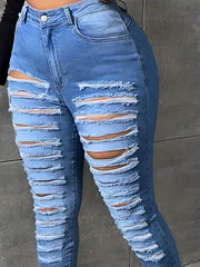 Women's High Waist Hole Jeans Four Seasons Popular Denim