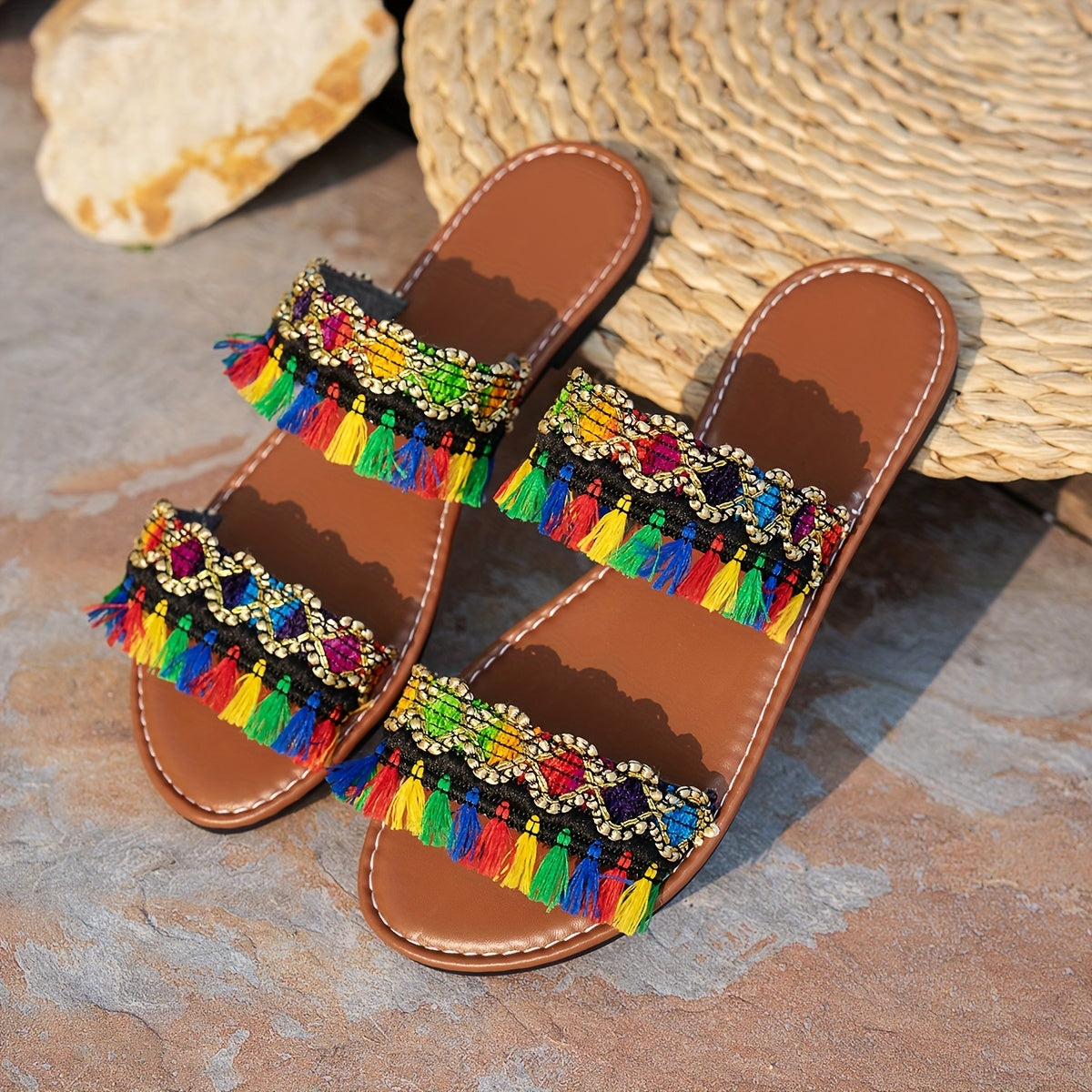 Women's Bohemian Flat Slide Sandals with Tassel Beads for Summer Beach Casual