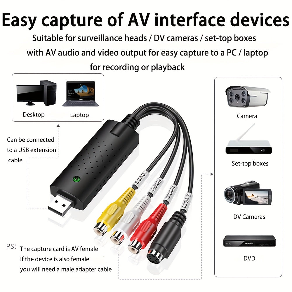 VHS to USB Video Capture Device for Analog to Digital Conversion Windows Mac Compatible