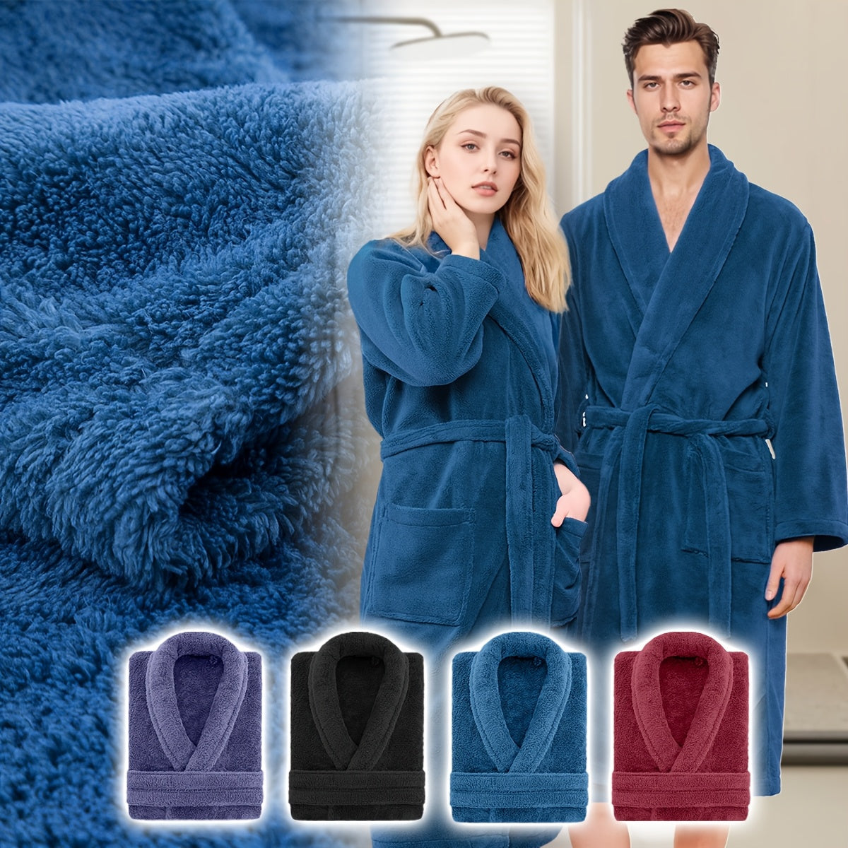 Unisex Fleece Bathrobe with Shawl Collar Soft Machine Washable