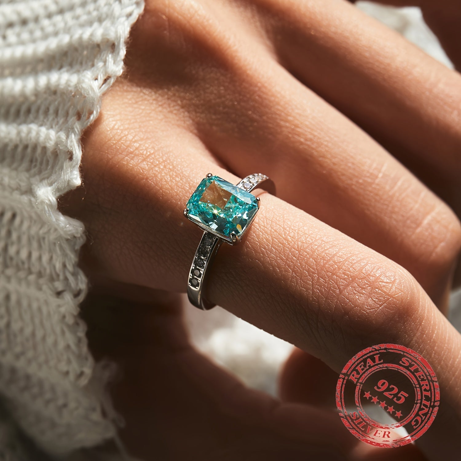 Sterling Silver Ring with Paraiba Blue Cubic Zirconia Vintage Style Gift Jewelry