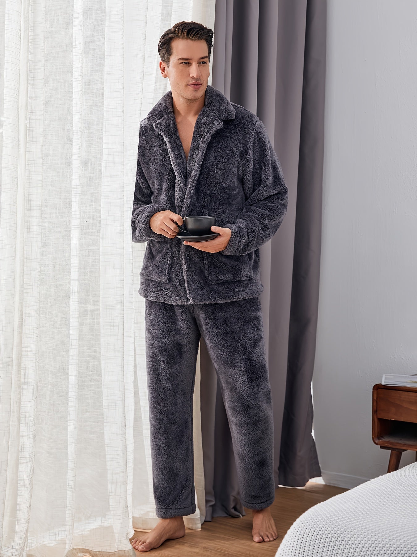 Men's Fleece Pajama Set Long Sleeve Pockets Solid Color Winter Casual