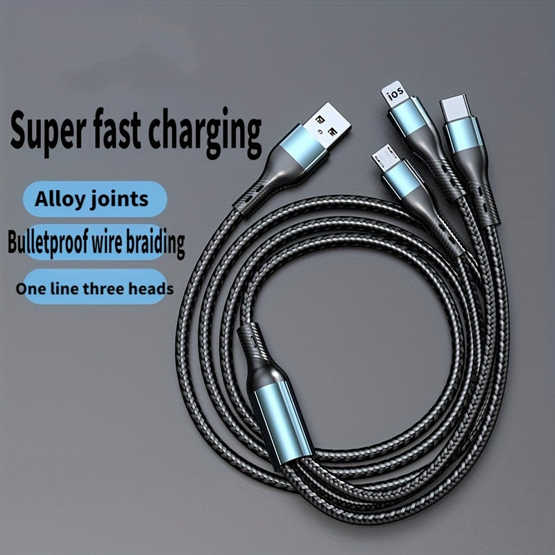 3-in-1 USB Fast Charging Cable for Phones 50-80W Micro USB Type C Compatible