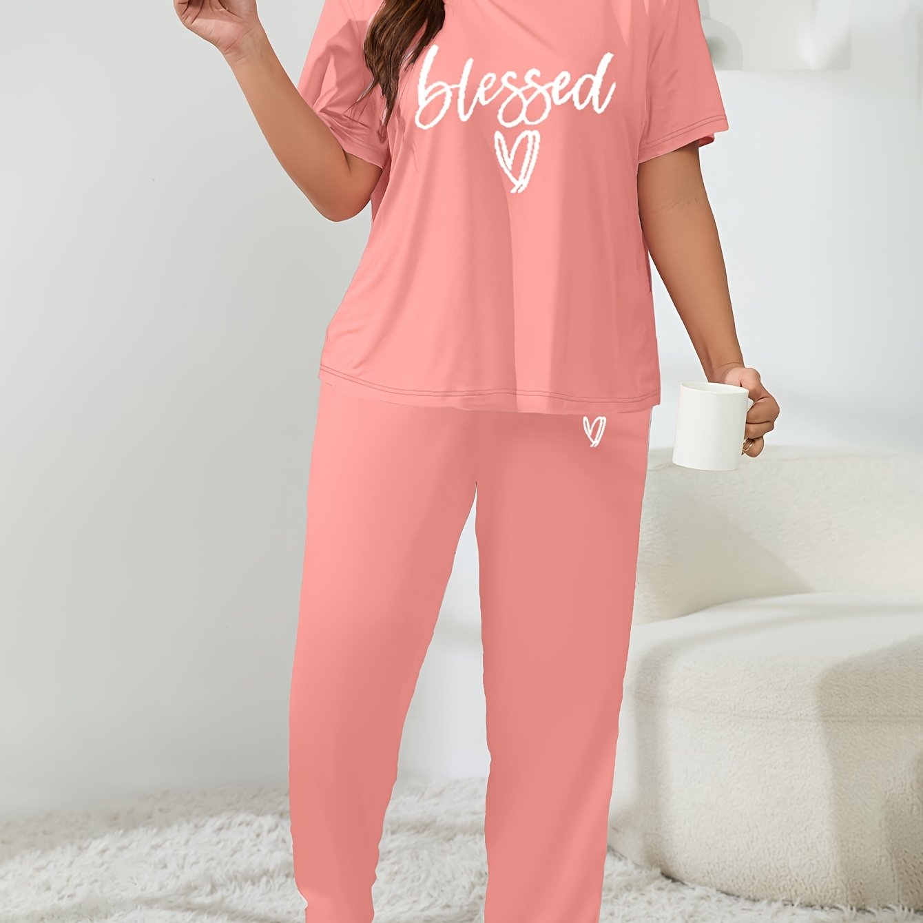 Костюм домашней одежды для женщин plus size с принтом сердечек и букв, короткий рукав, топ и штаны